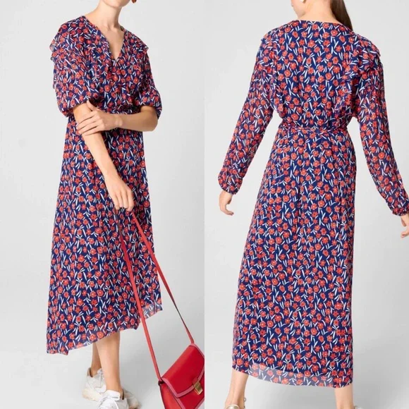 Escada | Dresses | Escada Sport Floral Ruffle Wrap Dress Midi Vneck Long  Sleeve Crepe Aline | Poshmark